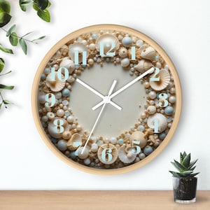 Seashore Memories Wall Clock, Coastal Collage Clock, Seashells Pearls Opals, Driftwood Texture, Nautical Beach House Decor
