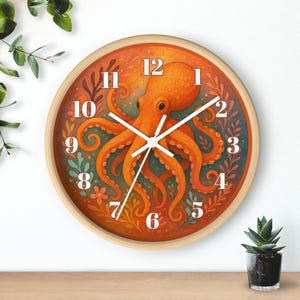 Vibrant Octopus Wall Clock, Coral Reef Art Clock, Orange Pink Sea Life Decor, Tropical Ocean Clock, Whimsical Underwater Fantasy Gift