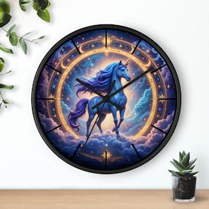 May include: A blue unicorn with a golden horn stands on clouds in a starry sky. The unicorn is surrounded by a golden circle with stars and celestial symbols. The image is on a black clock face.