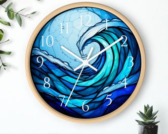 Ocean Wave Stained Glass Wall Clock, Home Decor, Coastal Art, Unique Gift, Nautical Wall Art, Modern Clock for Beach House, Ocean Lovers