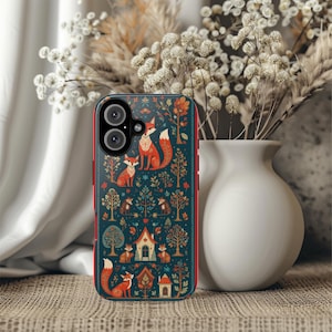 Whimsical Foxes Folk Art Phone Case, Cozy Forest Cottagecore Cover, Cute iPhone Samsung Google, Autumn Woodland Animal Design