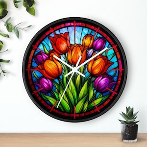 Vibrant Stained Glass Tulip Wall Clock, Bold Botanical Home Décor, Colorful Garden Lover Gift, Round Wall Clock