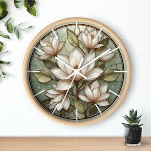 Magnolia Stained Glass Wall Clock, Elegant Botanical Flower Clock, Green Gold White Wall Art, Nature Inspired Clock, Floral Home Decor Gift