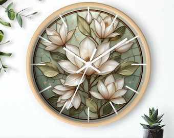 Magnolia Stained Glass Wall Clock, Elegant Botanical Flower Clock, Green Gold White Wall Art, Nature Inspired Clock, Floral Home Decor Gift