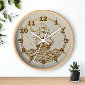Vintage Segelschiff Wanduhr, Wasserkarte Gravur Uhr, Gold Line Art Decor, Verzauberte Seeschiff Raduhr, Ozean Magie Uhr