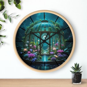 Magical Greenhouse Wall Clock, Enchanted Clock, Whimsical Fantasy Design, Round Wall Clock, Greenhouse Aesthetic