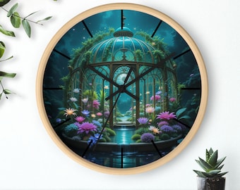 Magical Greenhouse Wall Clock, Enchanted Clock, Whimsical Fantasy Design, Round Wall Clock, Greenhouse Aesthetic