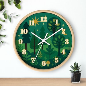 Folk Forest Wall Clock, Enchanted Woodland Trees, Nature Inspired Home Decor, Small Round Wall Clock