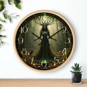 Enchanted Forest Goddess Wall Clock, Earth Tree Spirit with Crystals Mushrooms and Animals, Nature Witch Decor, Round wall clock
