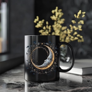 Mystical Moon & Stars Black Ceramic Mug, Celestial Witchy Coffee Cup, 11oz, 15oz, Tea Lover, Witchy Aesthetic, Cosmic Gift