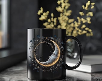 Mystieke maan en sterren zwarte keramische mok, Celestial Witchy-koffiekop, 11oz, 15oz, theeliefhebber, esthetiek heks, kosmisch cadeau