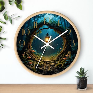 Mystical Forest Lantern Wall Clock, Enchanted Portal Tree Art, Glowing Magic Mushrooms Fireflies, Fantasy Woodland Decor, Nature Witch Clock