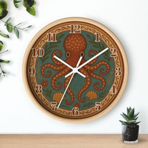 Folk Art Octopus Wall Clock, Coastal Nautical Decor, Round Sea Life Clock, Marine Animal Art, Vintage Ocean Clock, Ocean Cottage Style Gift