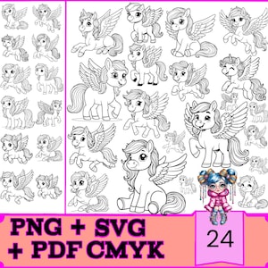 Pegasus Kawaii digitale Aufkleber Bundle - 24 süße Fofo Contornos PNG, SVG, PDF für GoodNotes, digitale Planer, Sofort Download