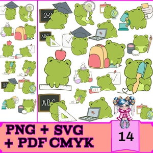 14 Kawaii Frog in School Bundle for Cricut & Silhouette | SVG, PNG, PDF | Instant Digital Download | Commercial Use