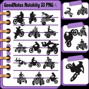 Lot de 33 icônes d'autocollants numériques pour motocross et VTT au format PNG, jolies images transparentes pour GoodNotes, Notability, iPad Notes et agendas numériques