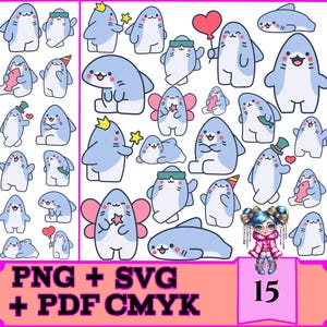 15 Shark Kawaii Bundle for Cricut & Silhouette | Instant Digital Download SVG PNG PDF | Commercial Use High-Quality Printing
