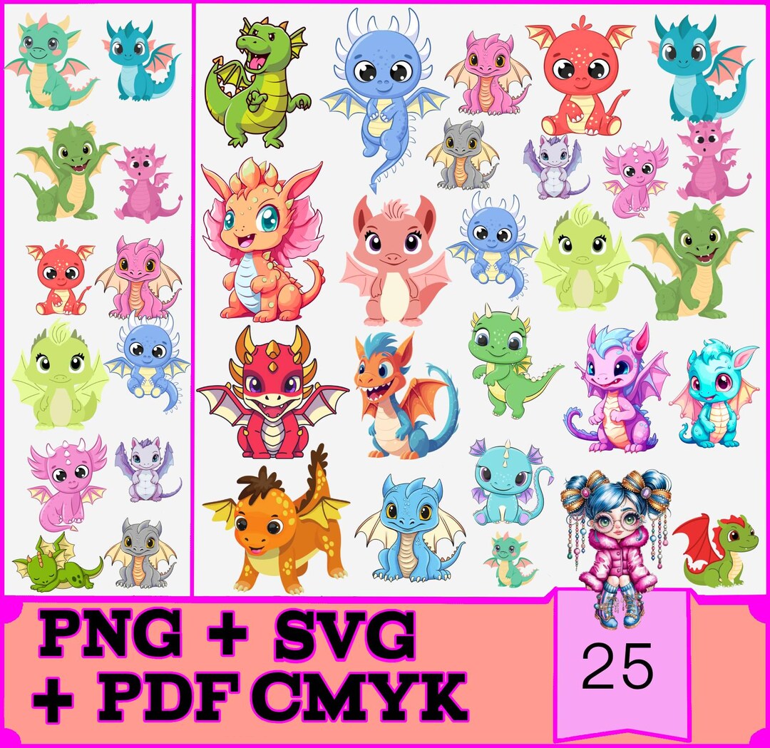 Kawaii Dragon Digital Stickers Bundle 25 Cute PNG , SVG Transparent ...