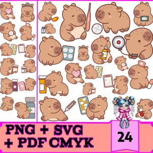Cute Capivara Doctor, PDF SVG PNG, Cute Funny Capybara Clipart Bundle Set Kawaii, Cartoon Digital Sticker Trendy