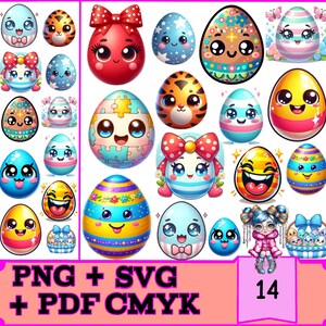 14 Ovos da Páscoa kawaii digitale download voor Cricut, SVG- en PNG-bestanden, afdrukken van hoge kwaliteit, Instant Download, Commercieel gebruik