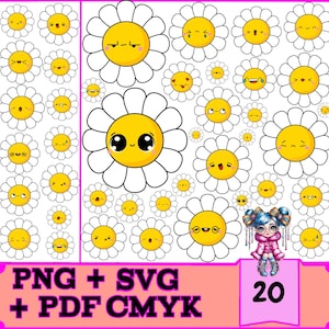 20 Kawaii Blumen Daisy Bundle für Cricut & Silhouette | SOFORTIGER DOWNLOAD, SVG-Png-PDF-Dateien, kommerzielle Nutzung, hochwertiger Druck