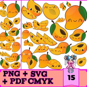 15 Kawaii Mango SVG, Vector Mango Clipart, Cute Mango Cut File For Cricut, PNG, Instant Digital - Cartoon Digital Illustrations - PDF