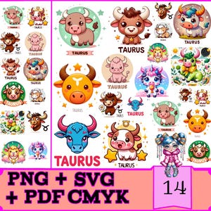 Stier dierenriem digitale stickers PNG-bundel schattige kawaii transparante dieren voor GoodNotes, notability digitale planners met SVG-PDF afdrukbare