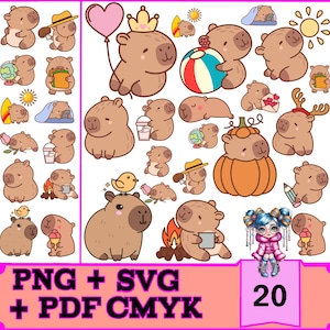 Lindo capibara PNG, paquete de capibara SVG, divertido clipart de capibara, calcomanía digital, archivos para cricut, ilustración de animales kawaii