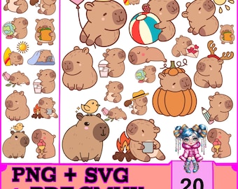 Capybara Animal Stickers PNG | Kawaii Clipart Bundle for Planners & Printables | Digital Stickers Pack
