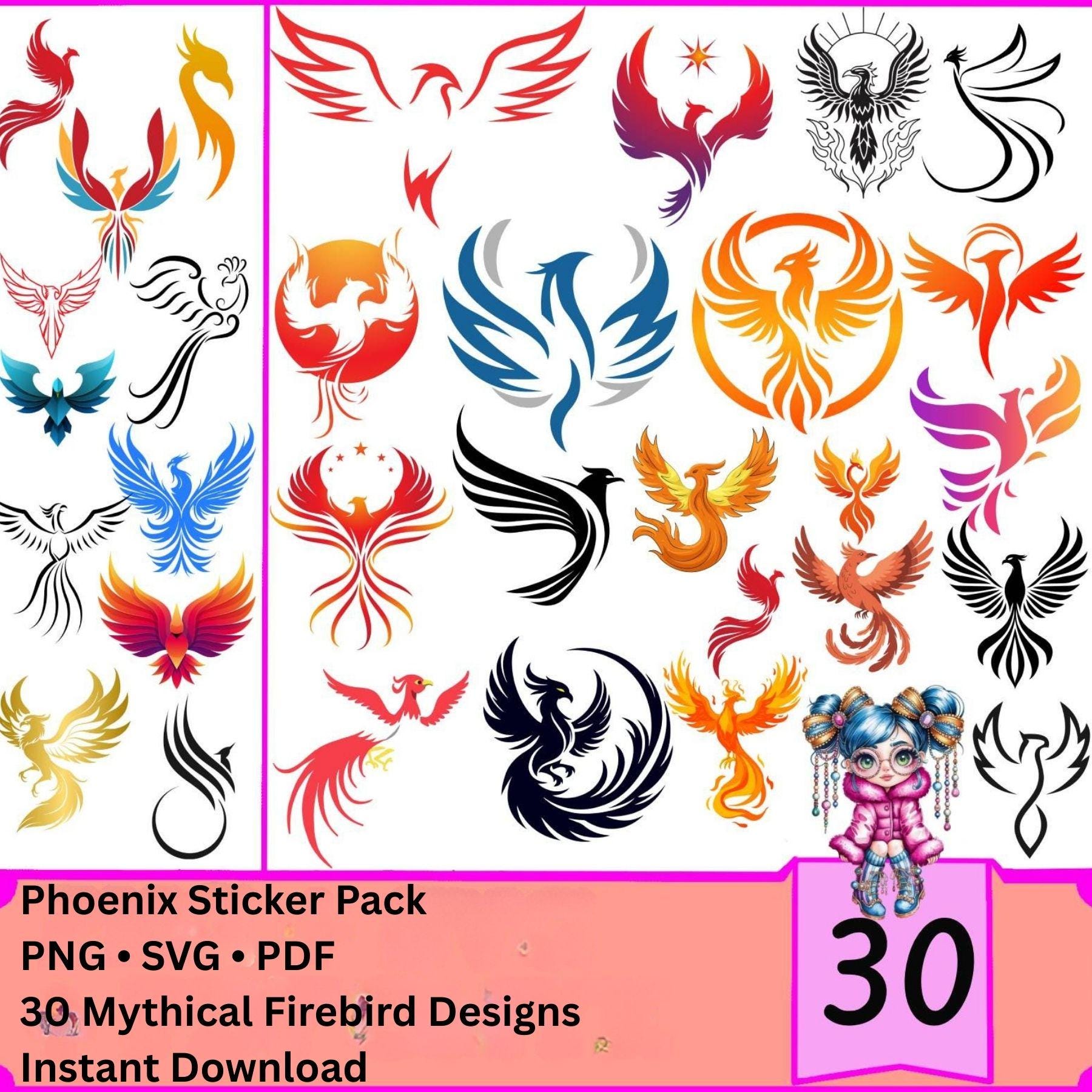 Phoenix Sticker Pack PNG SVG PDF | Mythical Phoenix Clipart | Firebird ...