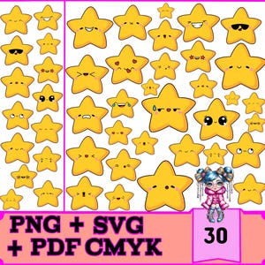 30 Kawaii Star Bundle | Instant Download SVG, PNG, PDF for Cricut & Silhouette | Commercial Use | High-Quality Printing Files