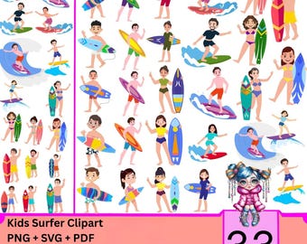 Kids Surfer Clipart PNG SVG | Surfing Children Illustration | Summer Beach Clipart | Printable & Planner Graphics