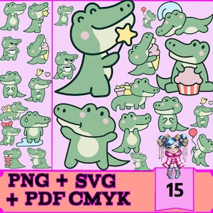 Pacchetto di adesivi digitali kawaii a forma di coccodrillo - 15 simpatici PNG e SVG trasparenti per GoodNotes, Notability, planner digitali, PDF stampabili CMYK