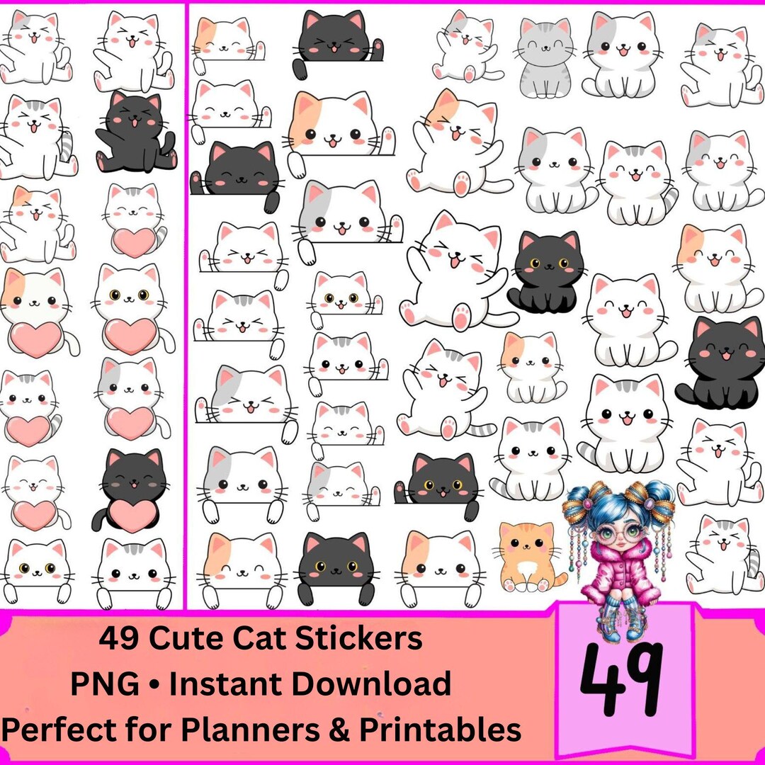 Cat Stickers PNG Pack | 49 Kawaii Cats Clipart | Digital Planner ...