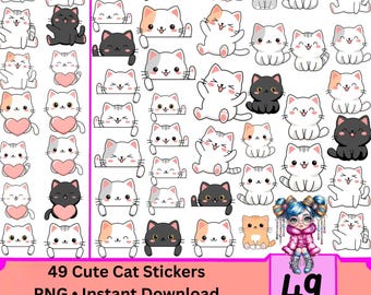 Cat Stickers PNG Pack | 49 Kawaii Cats Clipart | Digital Planner & Printable Stickers