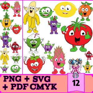 Niedliches Obst Clipart - Clip Art Set von Orange, Apfel, Banane, Obst, Happy Food Clipart - Sofortiger Download, Kommerzieller Gebrauch, PNG