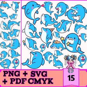 Lot de 15 cliparts dauphins mignons au format PDF, SVG et PNG pour impression Cricut