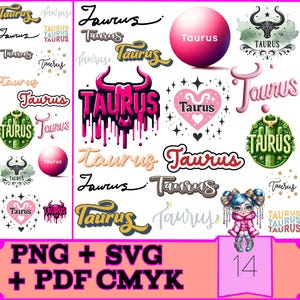Taurus digitale stickers PNG-bundel – 14 schattige kawaii dierenriemafbeeldingen voor GoodNotes, digitale planners, SVG en pdf direct downloaden