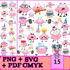 May include: A set of 15 cartoon brain illustrations in various poses and expressions. The brains are pink and have a variety of accessories, such as glasses, hats, and musical instruments. The text "PNG + SVG + PDF CMYK" and "15" are also included in the image.