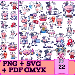 Lot de 22 cliparts vache kawaii pour Cricut et Silhouette | Téléchargement instantané SVG, PNG, PDF | Utilisation commerciale | Impression de haute qualité