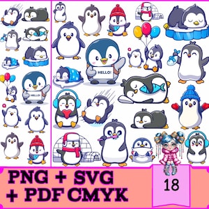 Paquete de 18 pegatinas digitales de pingüinos (formato PNG/SVG) para GoodNotes, Notability, planificadores digitales, descarga instantánea, uso comercial.