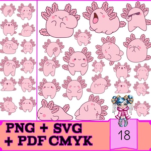 18 Cute Axolotl SVG PNG Bundle | Kawaii Axolotl Designs for Cricut, T-Shirts, Mugs & Stickers - Colorful Crafting Clipart
