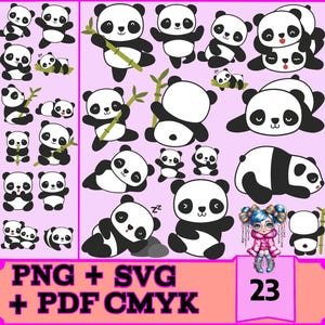 23 Cute Panda Svg, pdf bundle,Panda Silhouette for Cricut,Panda Png,Vector, cartoon love, Kawaii Panda Clipart, INSTANT Digital download