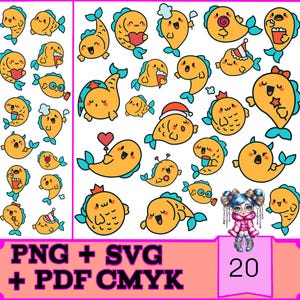 Niedliche Fische Digitale Aufkleber Bundle, 20 Kawaii PNG, SVG und PDF Dateien, Sofort Download, Transparente Clipart für Planer & Scrapbooking