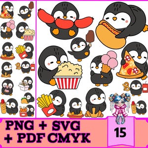 12 Pinguim MIT Essen, pdf, svg, png.  Süßer Pinguin Clipart Bundle, niedlicher Pinguin, sofortiger digitaler Download, kommerzielle Nutzung