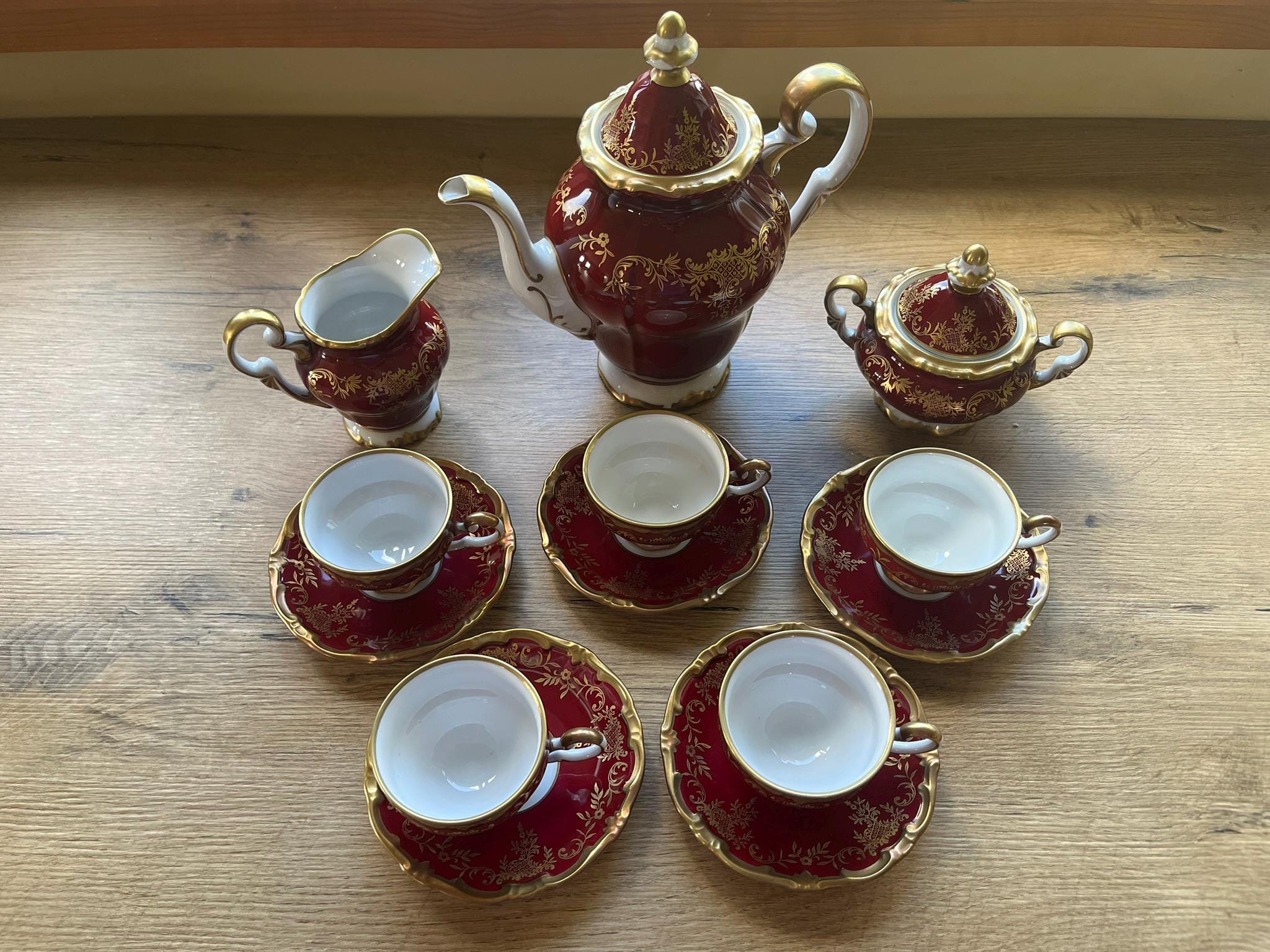 Weimar Porcelain Maroon Red Demitasse Tea Set 15pc, Katharina