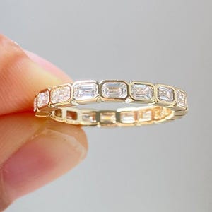 Emerald Cut Moissanite Full Eternity Wedding Band | Bezel Set Stackable Ring for Women | Minimalist Simulated Diamond Band