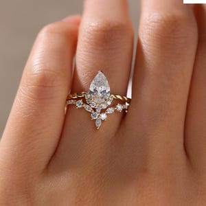 Unique Pear Shaped Moissanite Engagement Ring Set | 14K Rose Gold Vintage Bridal Ring | Solid Diamond Anniversary Gift for Women