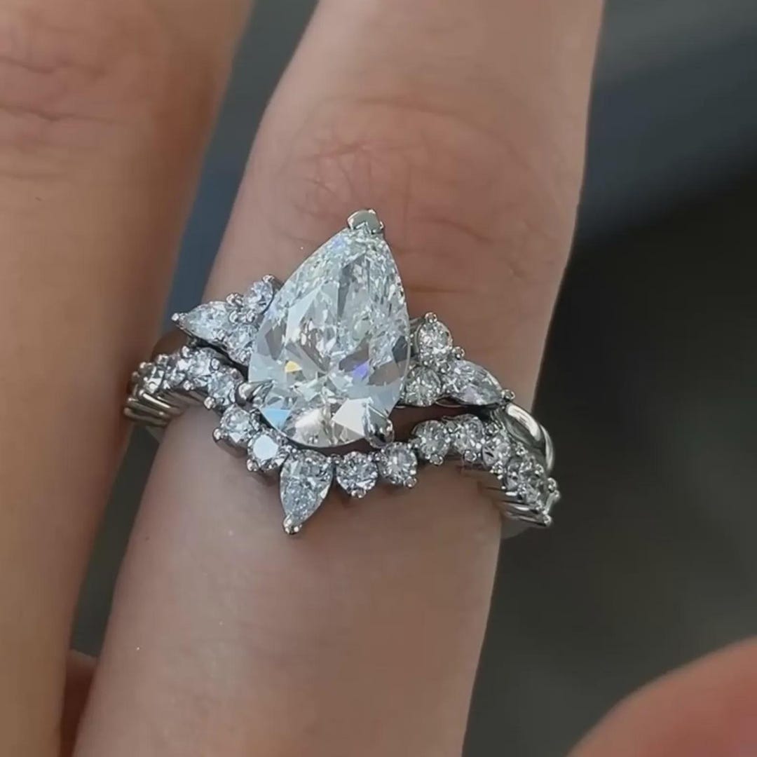 Pear Cut Lab Diamond Engagement Ring Set, 14K Solid Gold Eternity ...