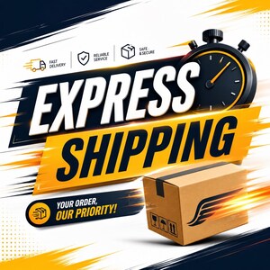 May include: An advertisement for express shipping. A cardboard box with a wing design is featured, along with a stopwatch and the words "EXPRESS SHIPPING." Additional text includes "FAST DELIVERY," "RELIABLE SERVICE," and "SAFE & SECURE."
